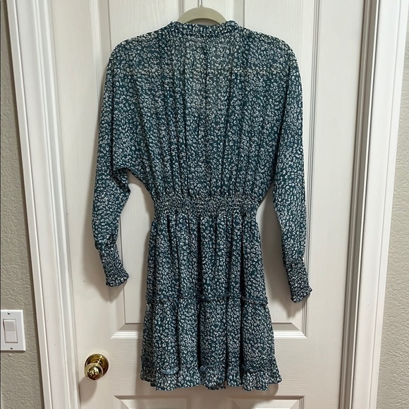 Blue White Long Sleeve V-Neck Sundress Ruffle Smocked Tiered Sheer Lined Small - Picture 4 of 10